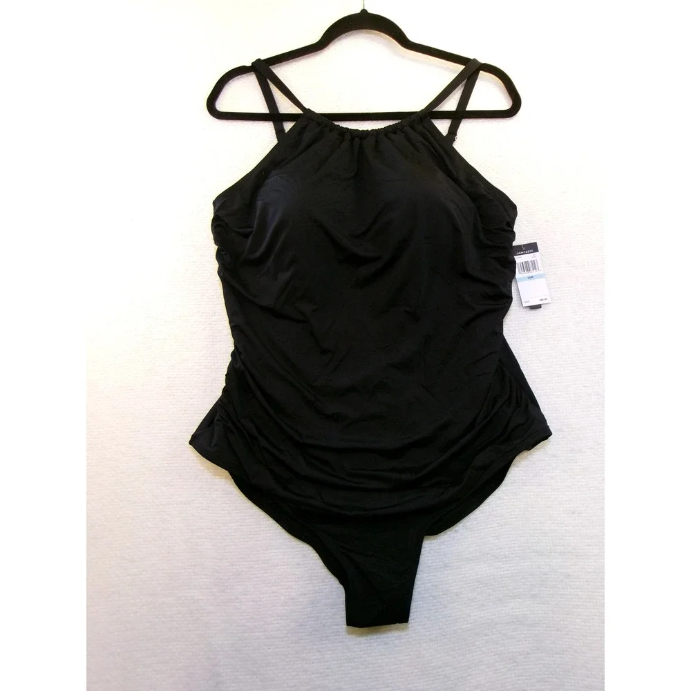Jantzen Womens‎ Black High Neck Ruched One Piece Swimsuit JZ22559M Size 20W NWT
